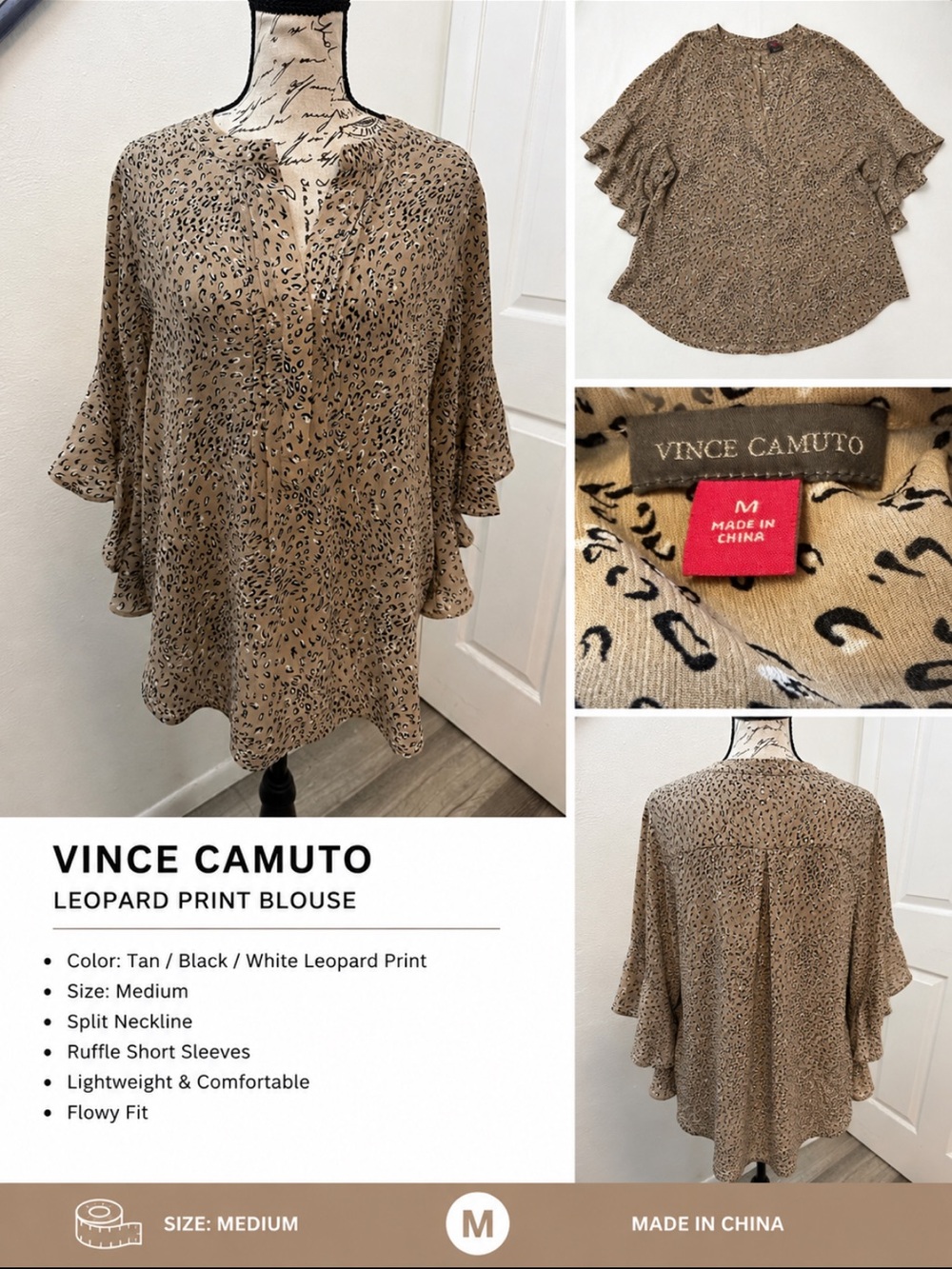 Vince Camuto Tan Animal-Print Split V-Neck Blouse